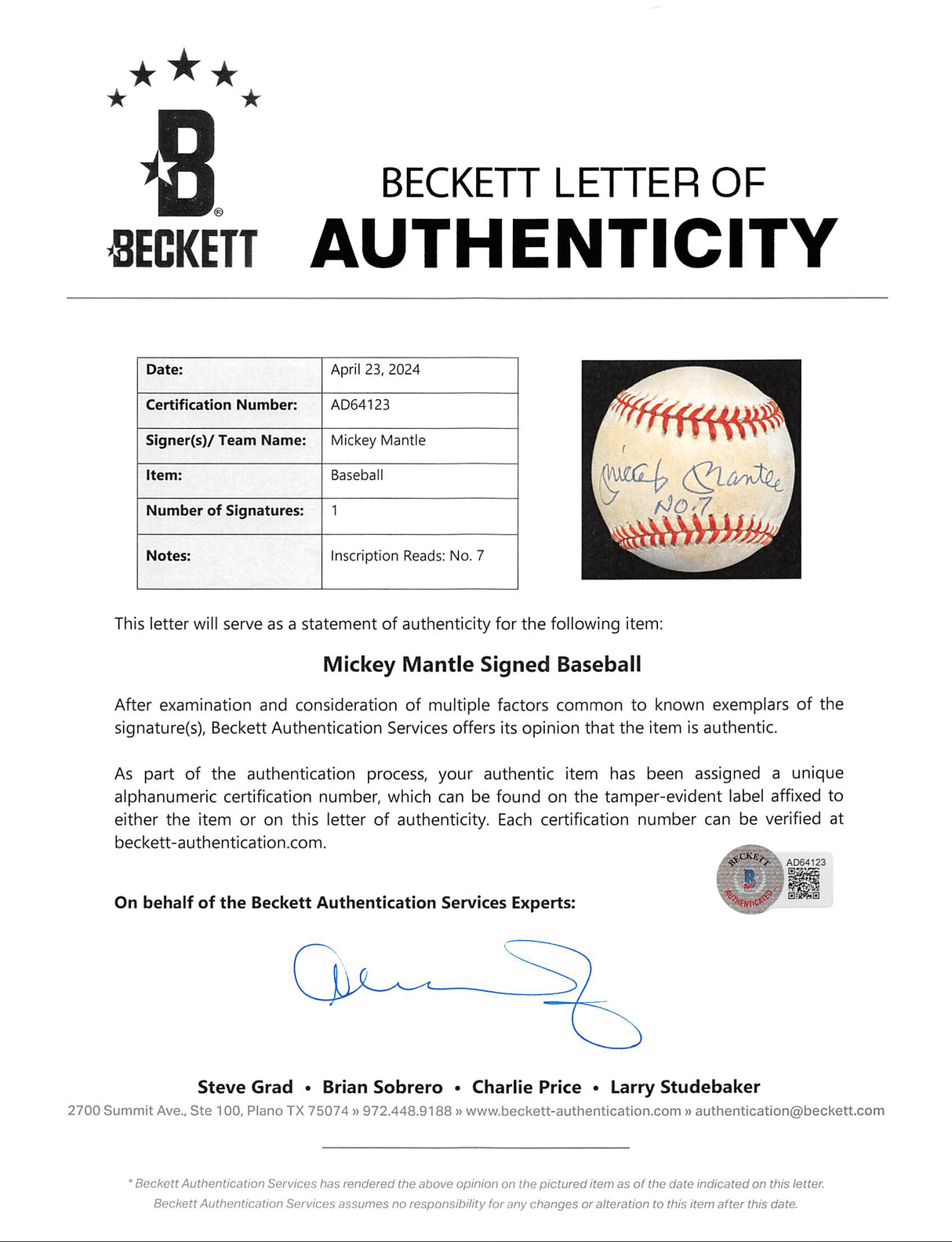 Yankees Mickey Mantle No. 7 Authentic Signed Baseball UDA & BAS #AD64123