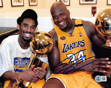 Lakers Shaquille O'Neal Signed 8x10 Horizontal Trophy w/ Kobe Photo BAS Witness