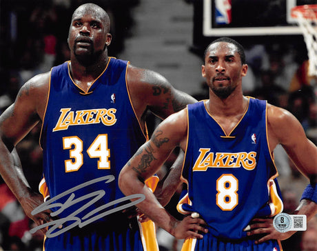 Lakers Shaquille O'Neal Signed 8x10 Purple Jersey w/ Kobe Photo BAS Witnessed