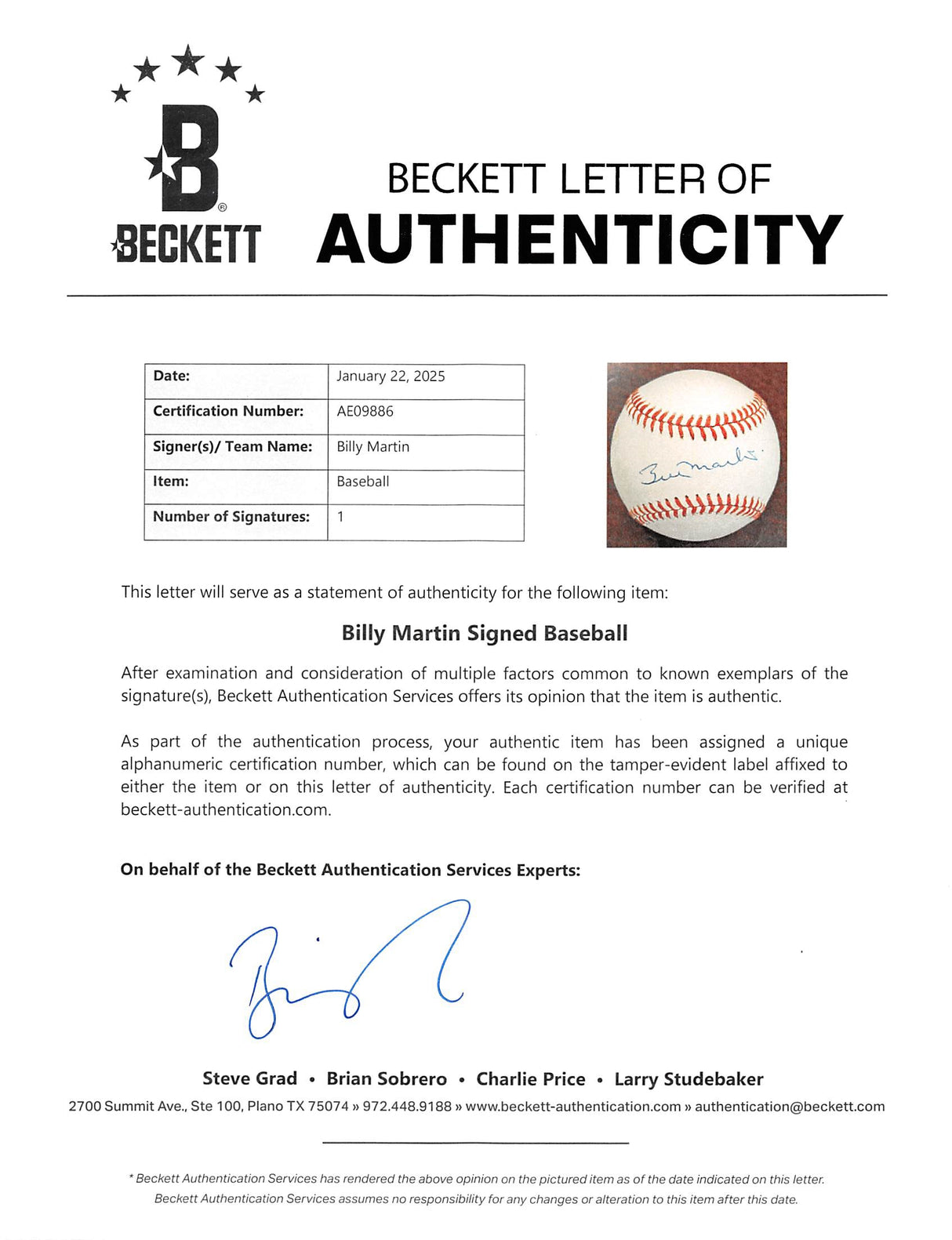 Yankees Billy Martin Authentic Signed Bobby Brown Oal Baseball BAS #AE09886