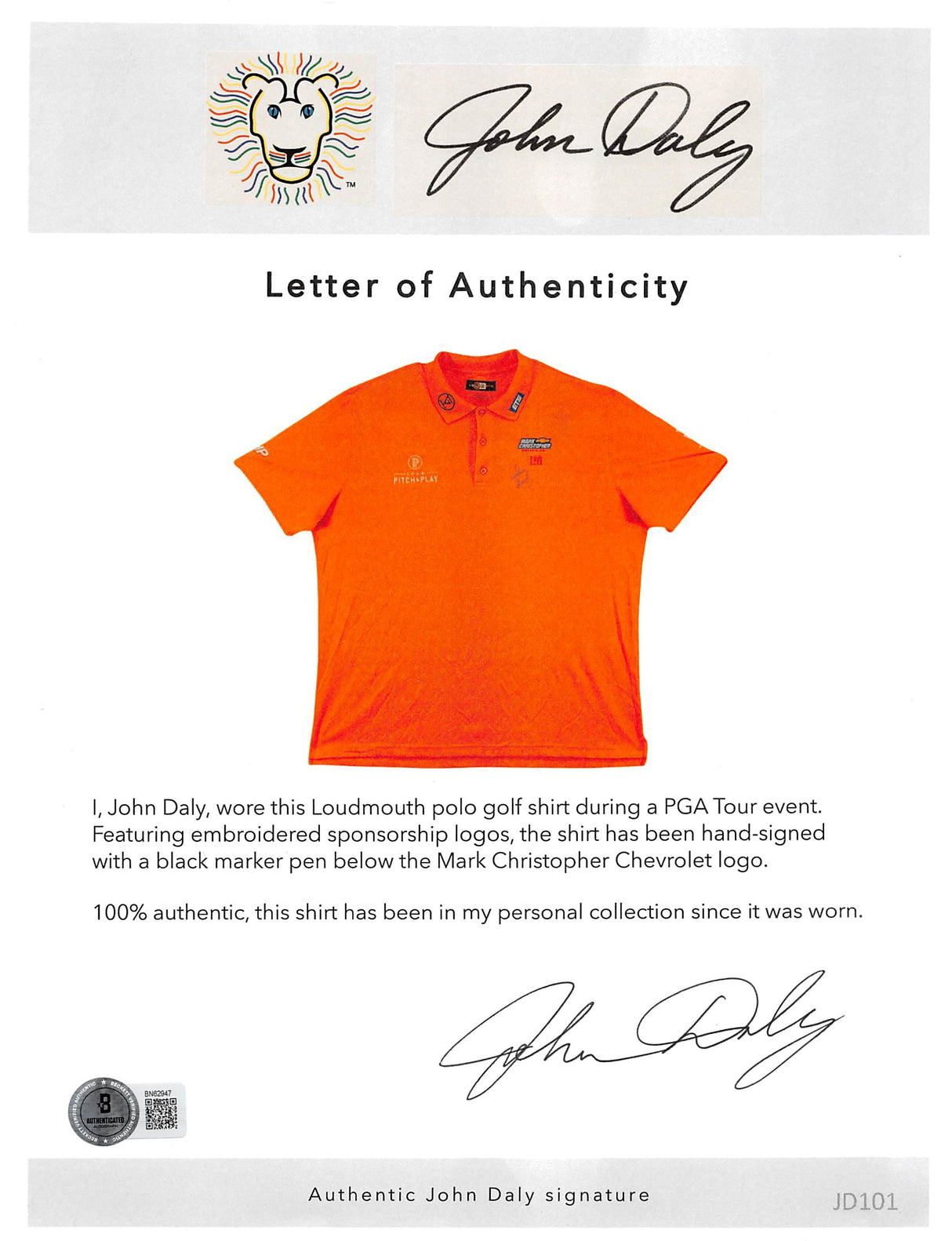 John Daly Authentic Signed Match Worn Orange Loudmouth Polo Shirt BAS #BK84782