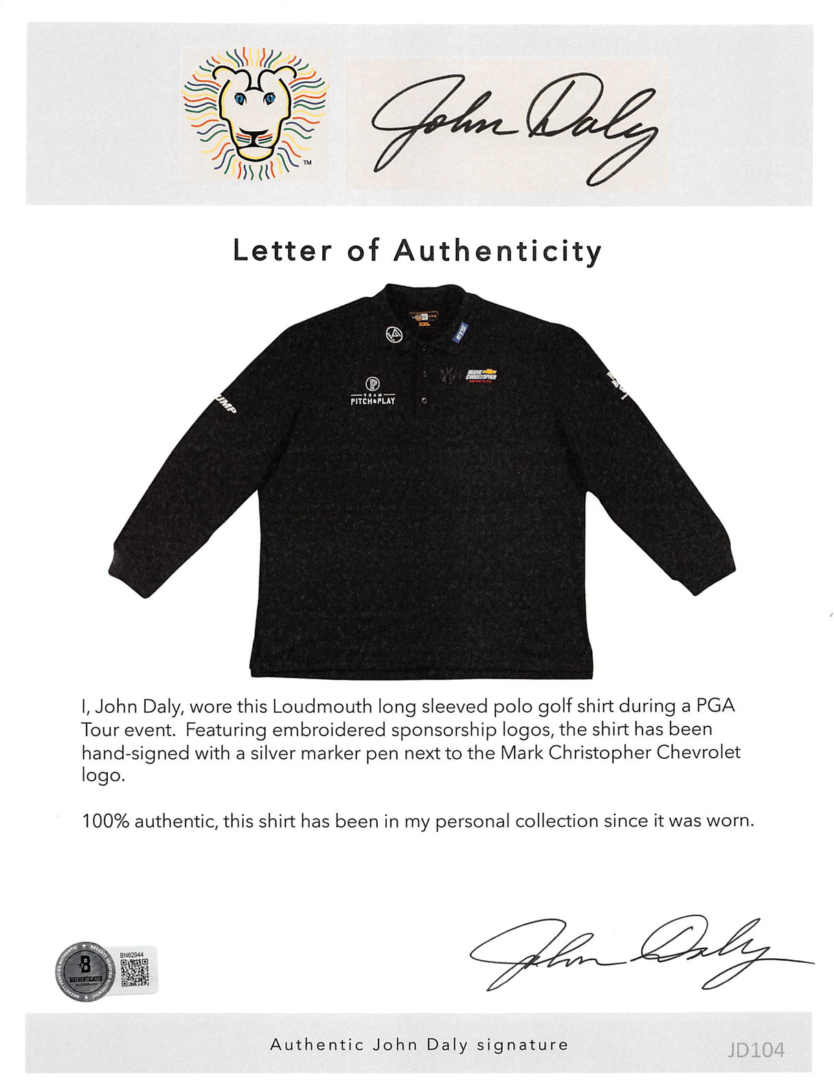 John Daly Signed Match Worn Black Long sleeved Loudmouth Polo Shirt BAS #BK84779