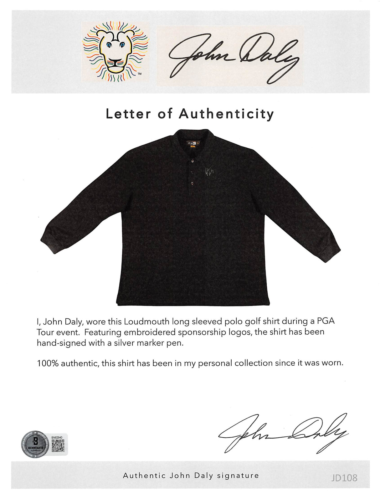 John Daly Signed Match Worn Black Long Sleeved Loudmouth Polo Shirt BAS #BK84775