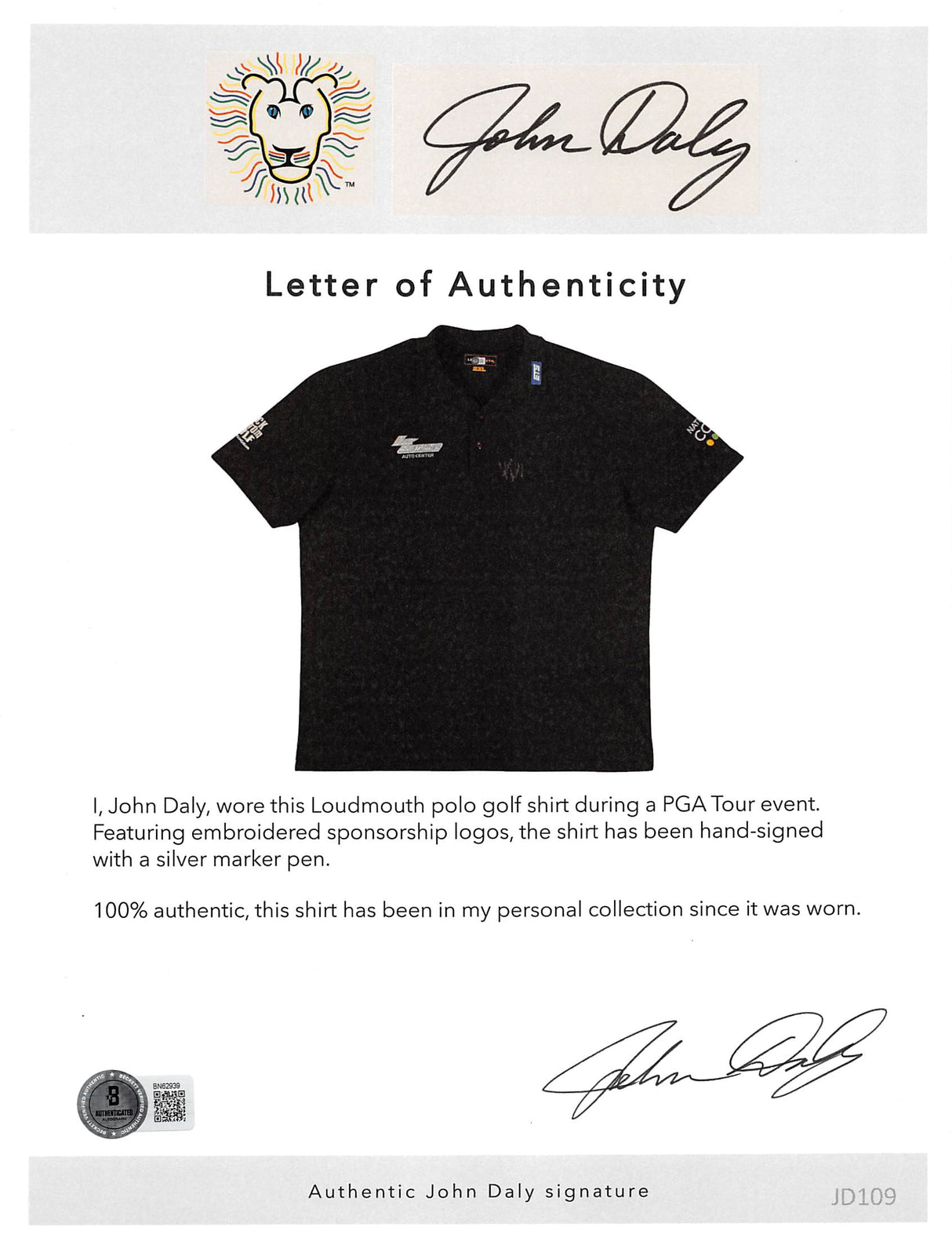 John Daly Authentic Signed Match Worn Black Loudmouth Polo Shirt BAS #BK84773