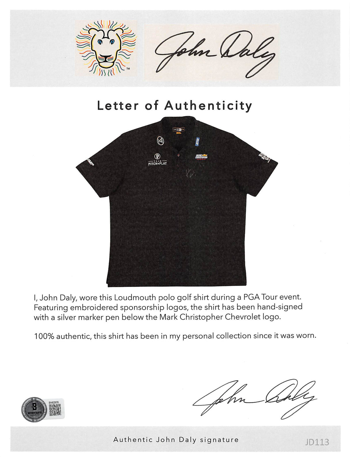 John Daly Authentic Signed Match Worn Black Loudmouth Polo Shirt BAS #BK84770