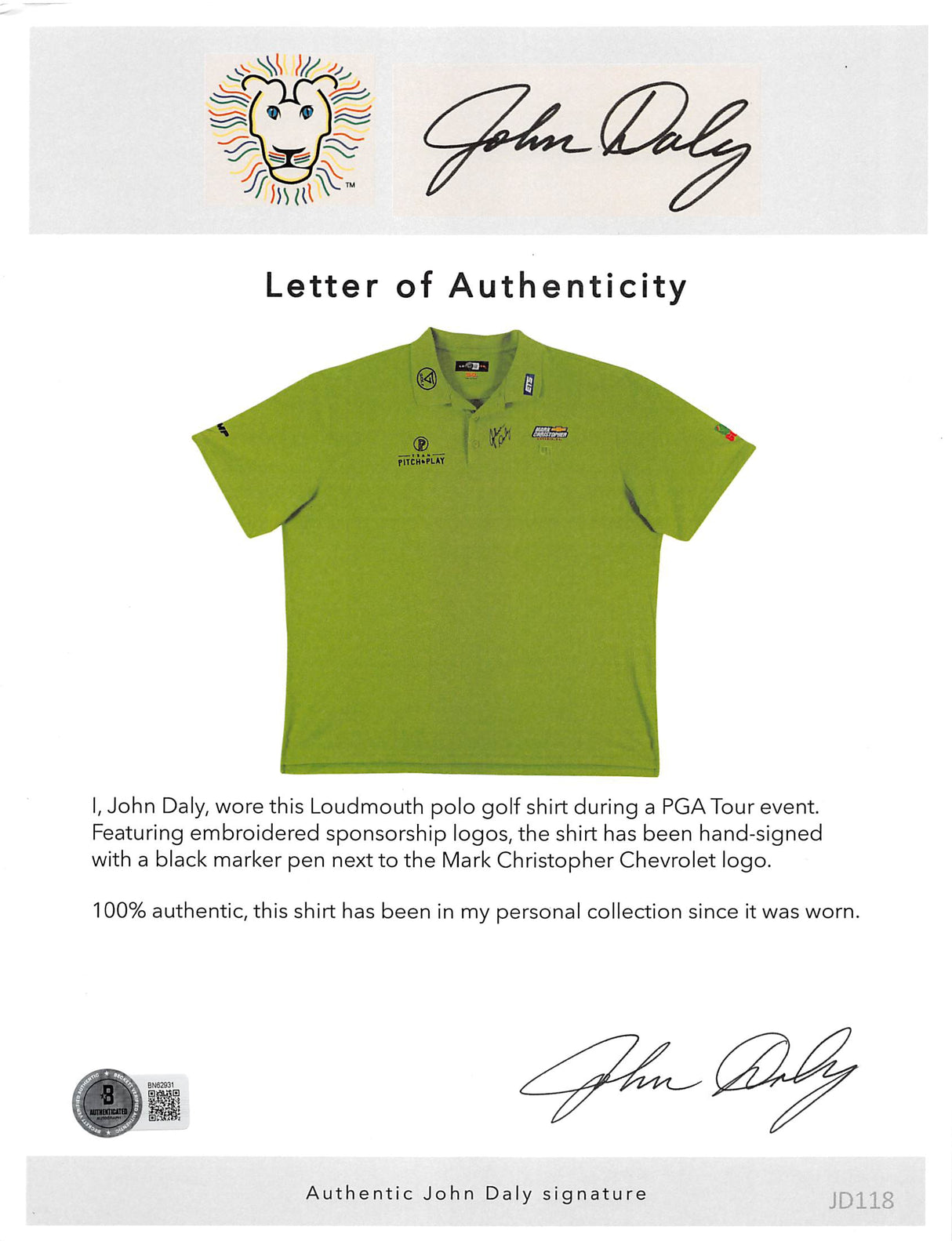 John Daly Authentic Signed Match Worn Green Loudmouth Polo Shirt BAS #BK84766