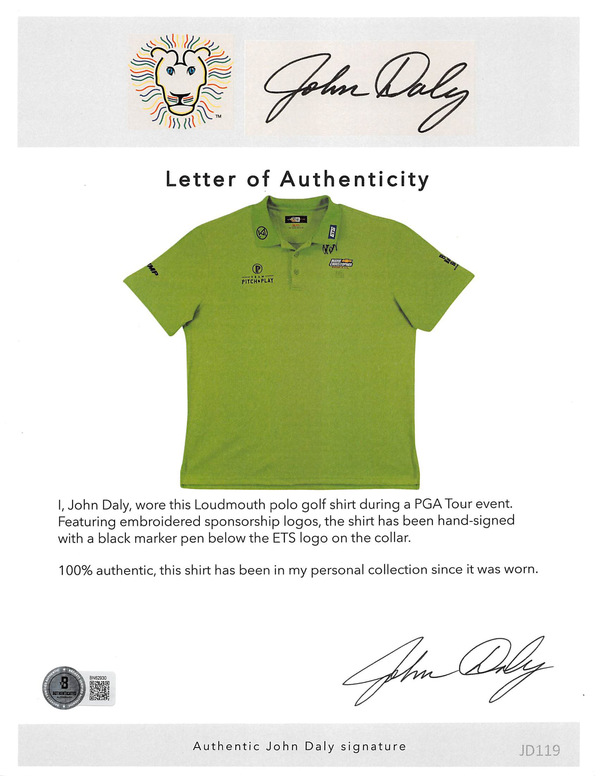 John Daly Authentic Signed Match Worn Green Loudmouth Polo Shirt BAS #BK84765