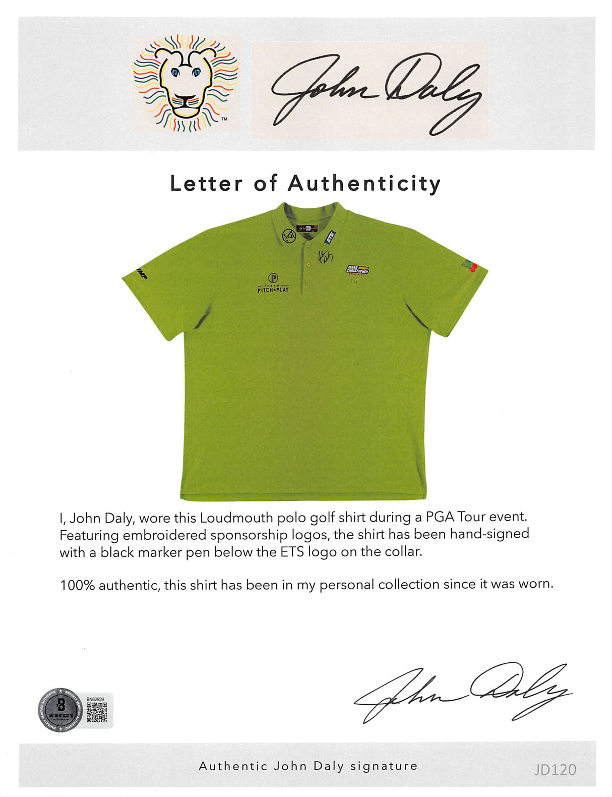 John Daly Authentic Signed Match Worn Green Loudmouth Polo Shirt BAS #BK84764