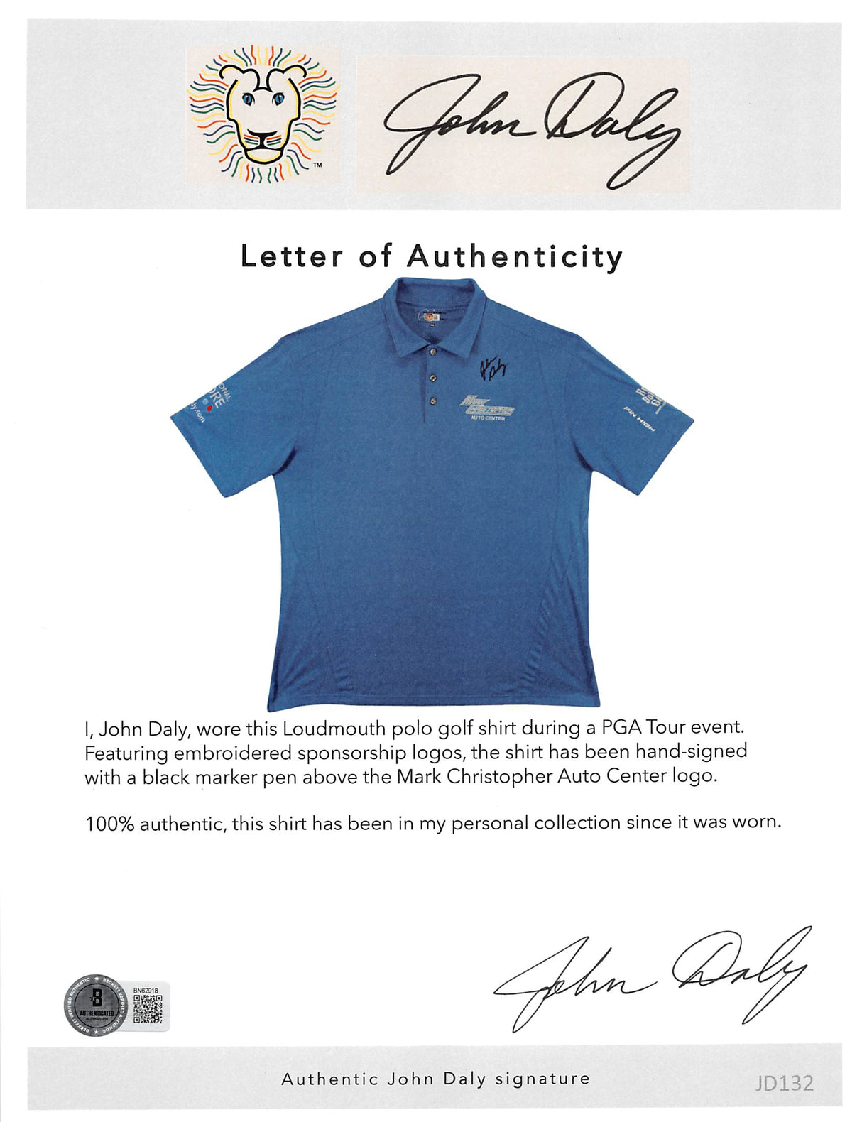 John Daly Auth Signed Match Worn Baby Blue Loudmouth Polo Shirt BAS #BK84733