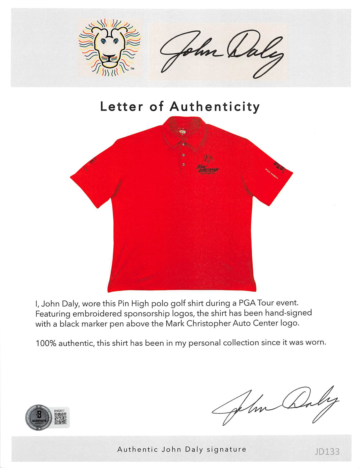 John Daly Authentic Signed Match Worn Red Pin High Polo Shirt BAS #BK84732JD133