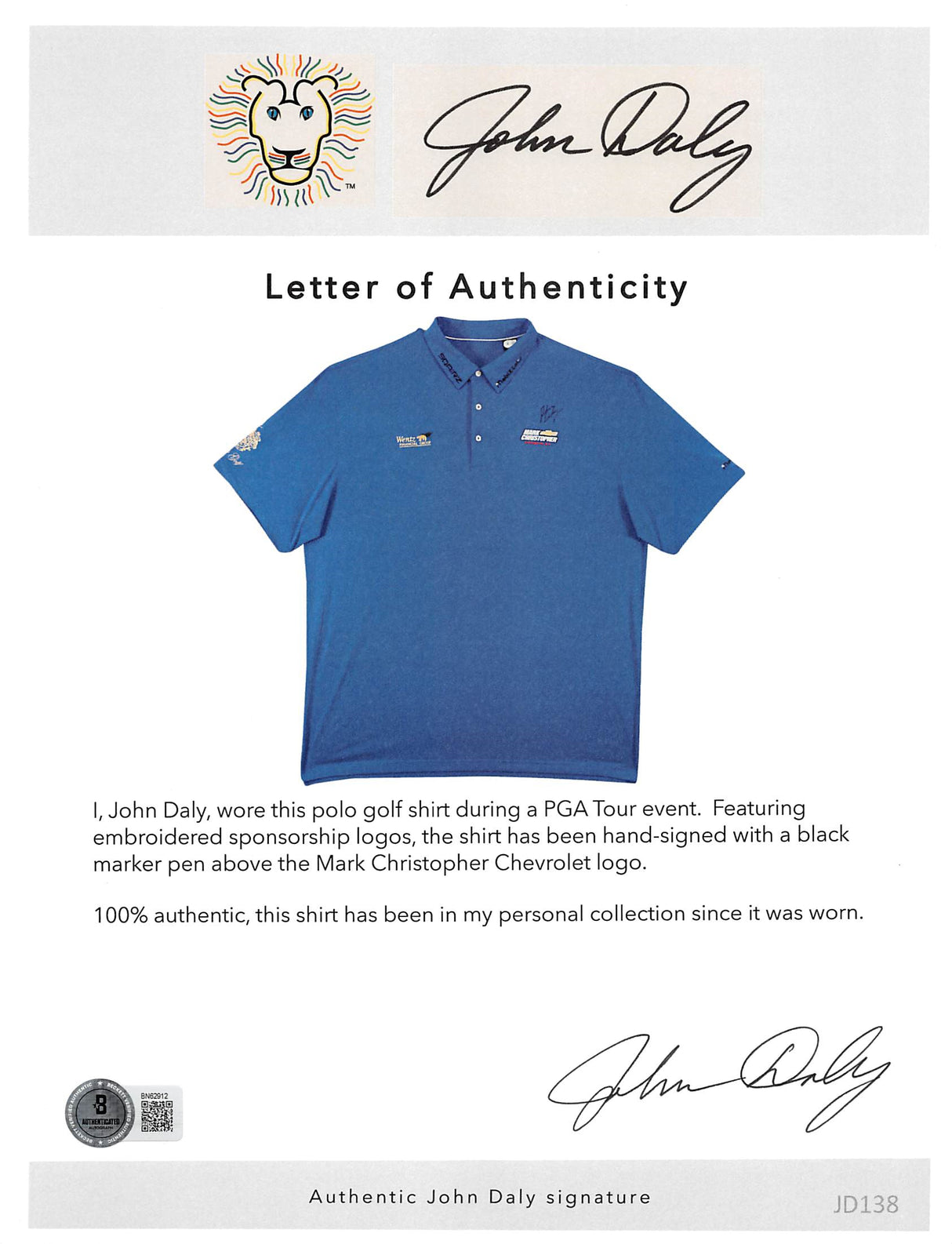 John Daly Authentic Signed Match Worn Blue Polo Shirt BAS #BK84740