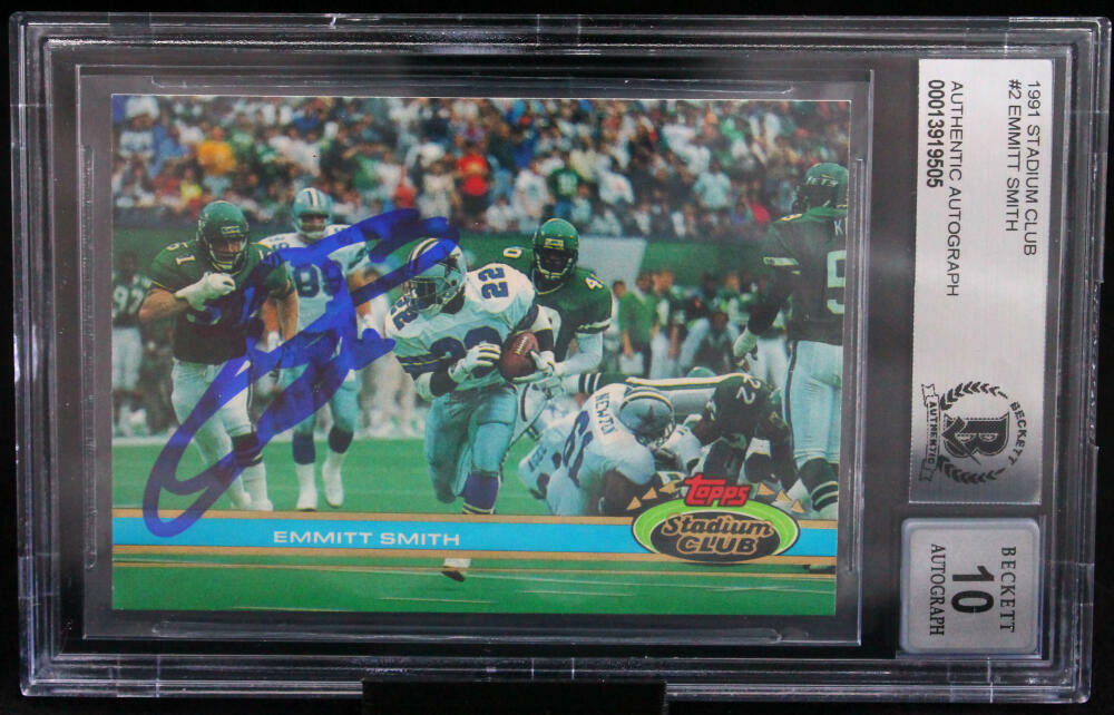 1991 Stadium Club #2 Emmitt Smith Auto Dallas Cowboys BAS Autograph 10