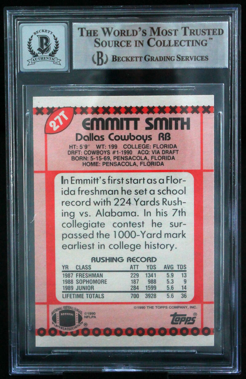 1990 Topps Traded #27T Emmitt Smith Auto Dallas Cowboys BAS Autograph 10