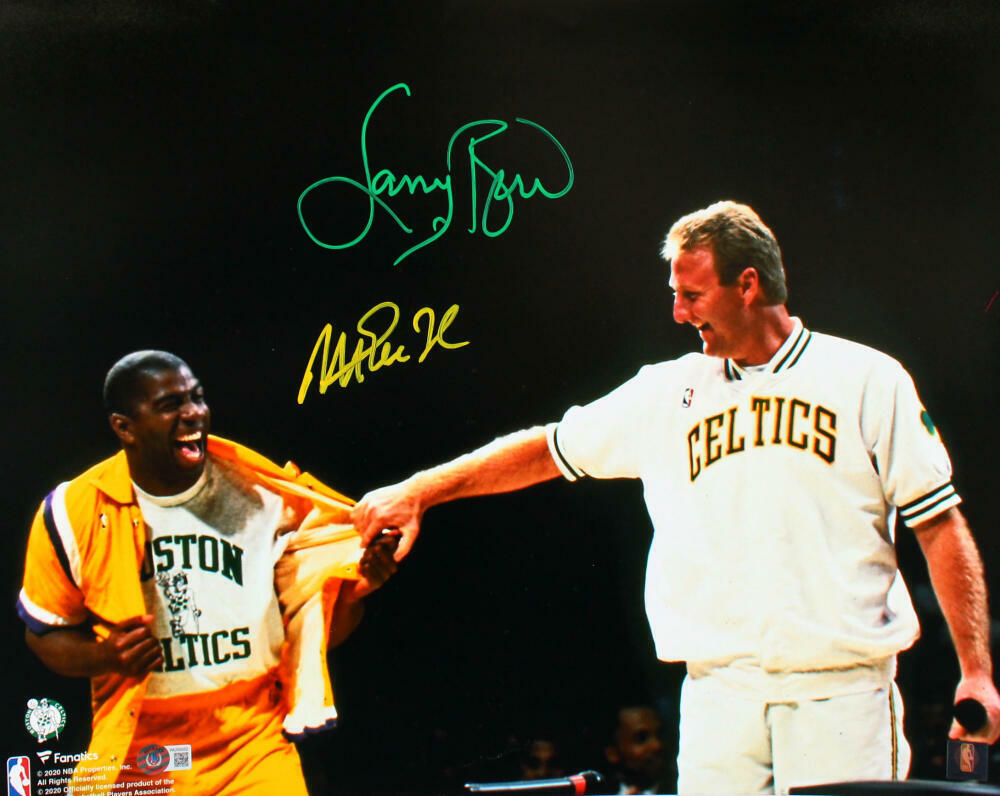 Larry Bird / Magic Johnson Autographed 16x20 FP Warm Up Photo-Beckett W Hologram