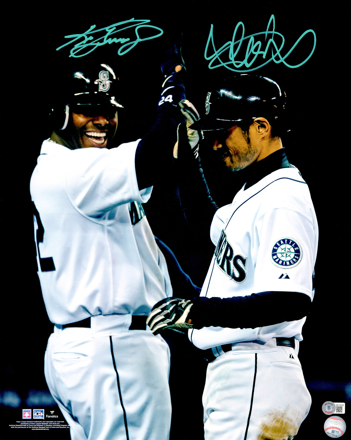 Ichiro Suzuki & Ken Griffey Jr. Autographed Framed 16x20 Photo Seattle Mariners Spotlight In Teal Beckett BAS Stock #236393