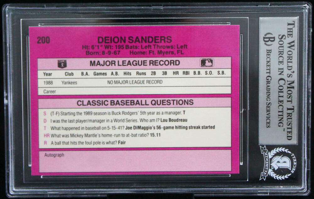 1989 Classic Travel Purple #200 Deion Sanders Yankees Autograph Beckett Auth