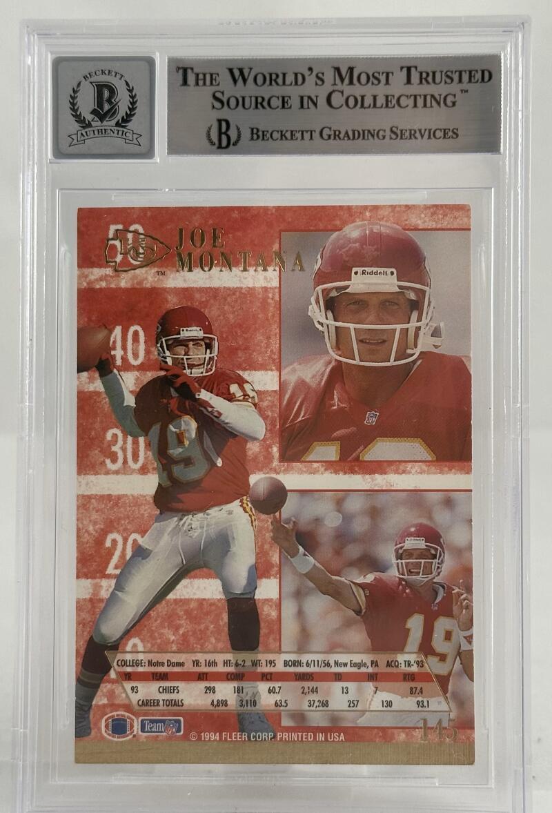 1994 Ultra #145 Joe Montana Auto Kansas City Chiefs BAS Autograph 10