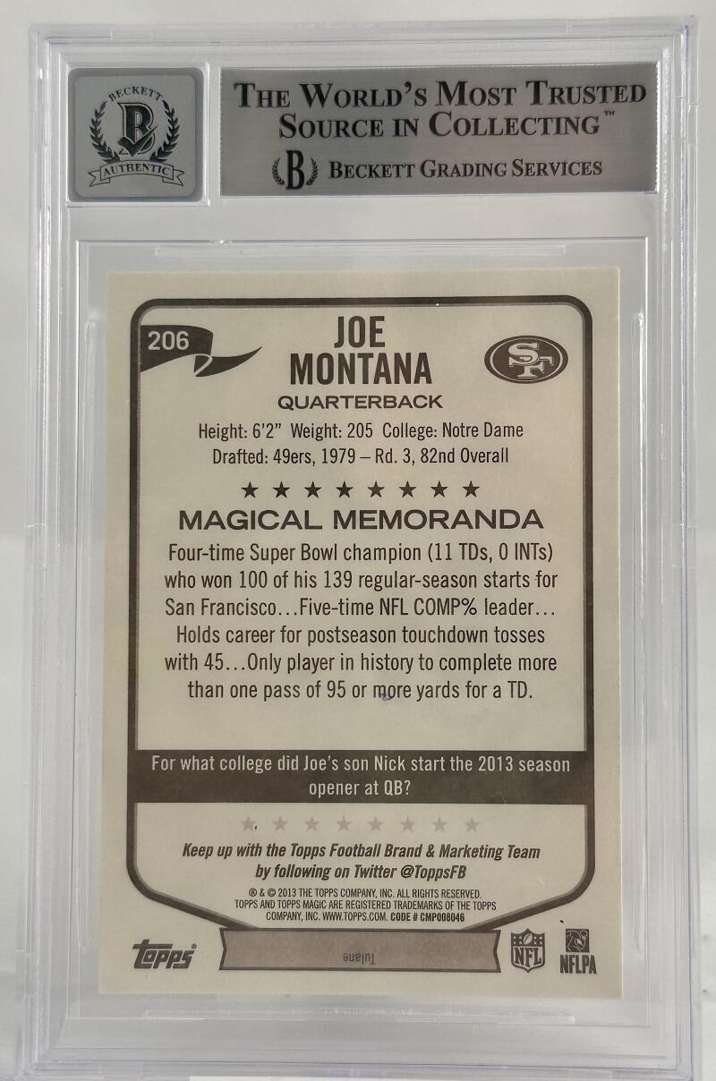 2013 Topps Magic #206 Joe Montana Auto San Francisco 49ers BAS Autograph 10