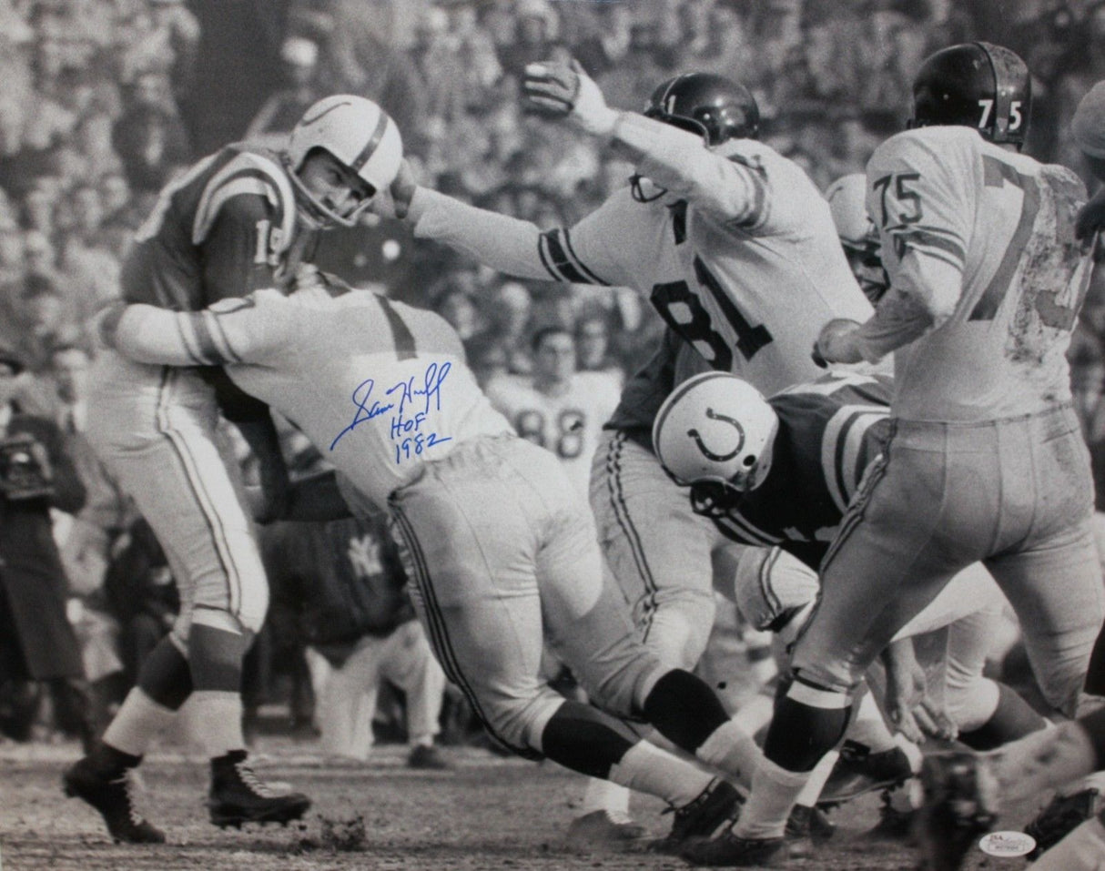 Sam Huff Autographed 16x20 Giants Against Colts Photo- JSA W Authenticated