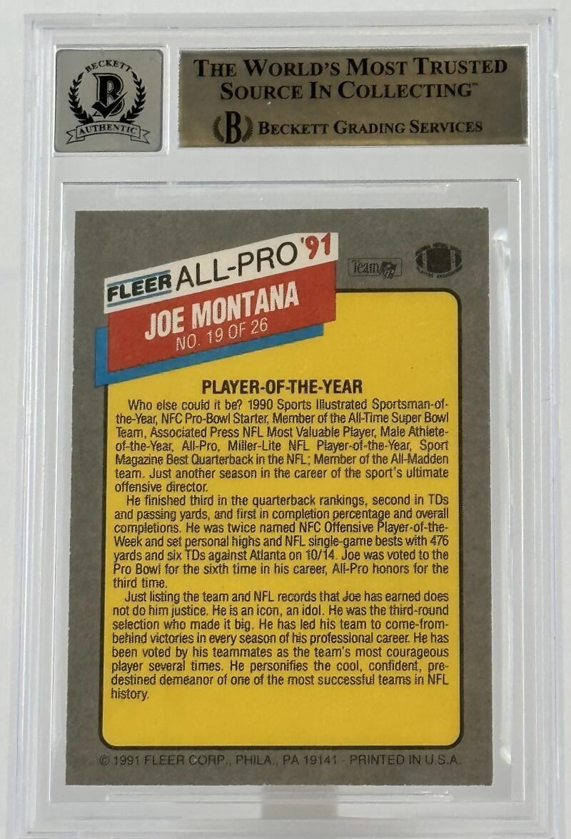 1991 Fleer All-Pros #19 Joe Montana Auto San Francisco 49ers BAS Autograph 10