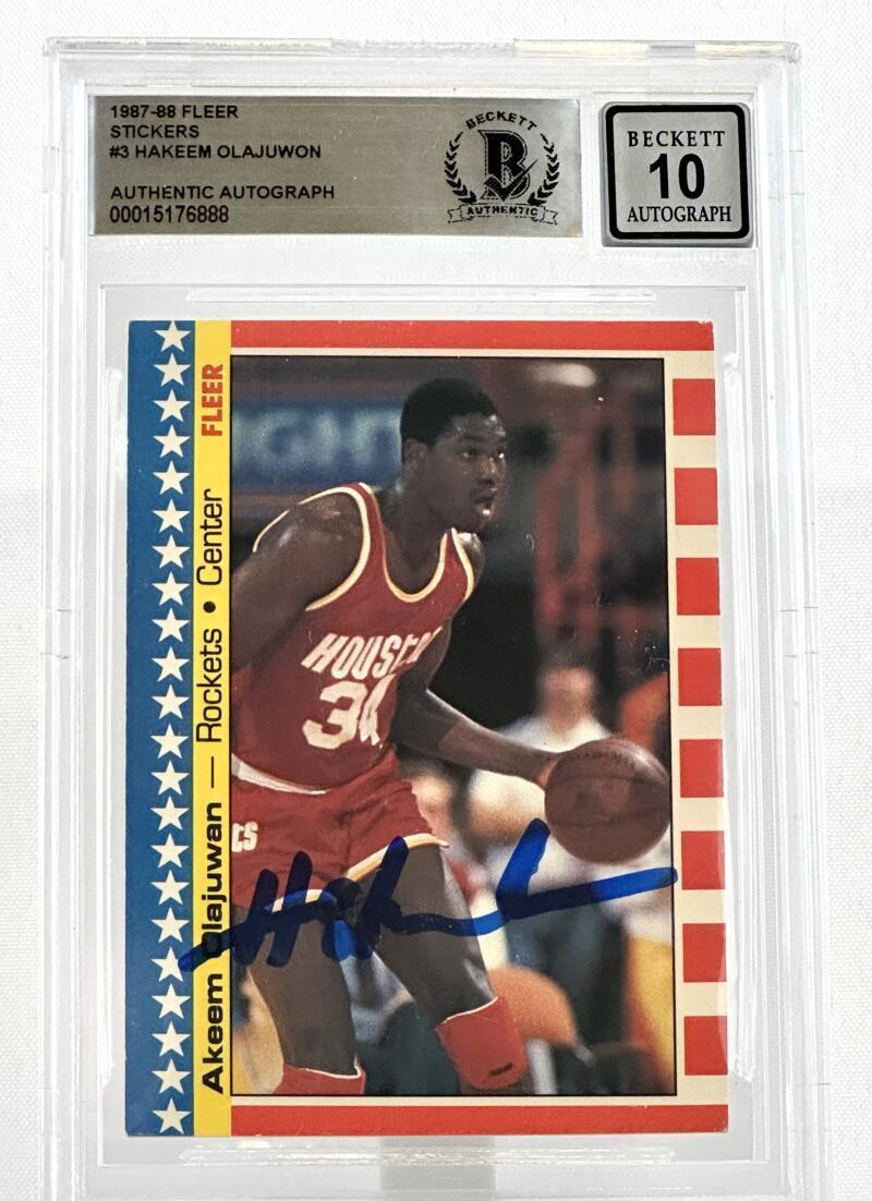 1987-88 Fleer Stickers #3 Hakeem Olajuwon Houston Rockets BAS Autograph 10