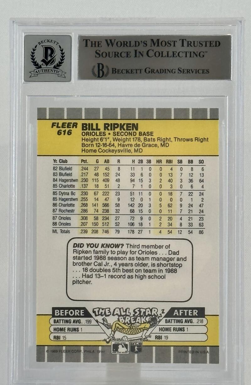 1989 Fleer #616E Billy Ripken Auto Baltimore Orioles BAS Autograph 10