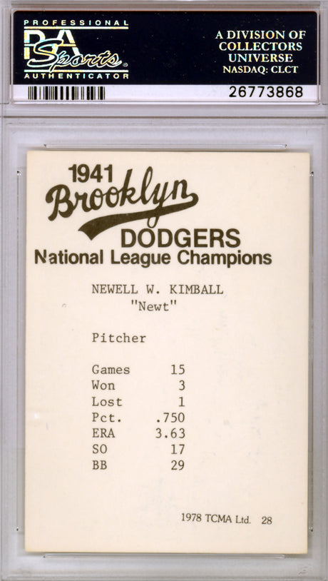 Newt Kimbell Autographed 1978 TCMA Card #28 Brooklyn Dodgers PSA/DNA #26773868