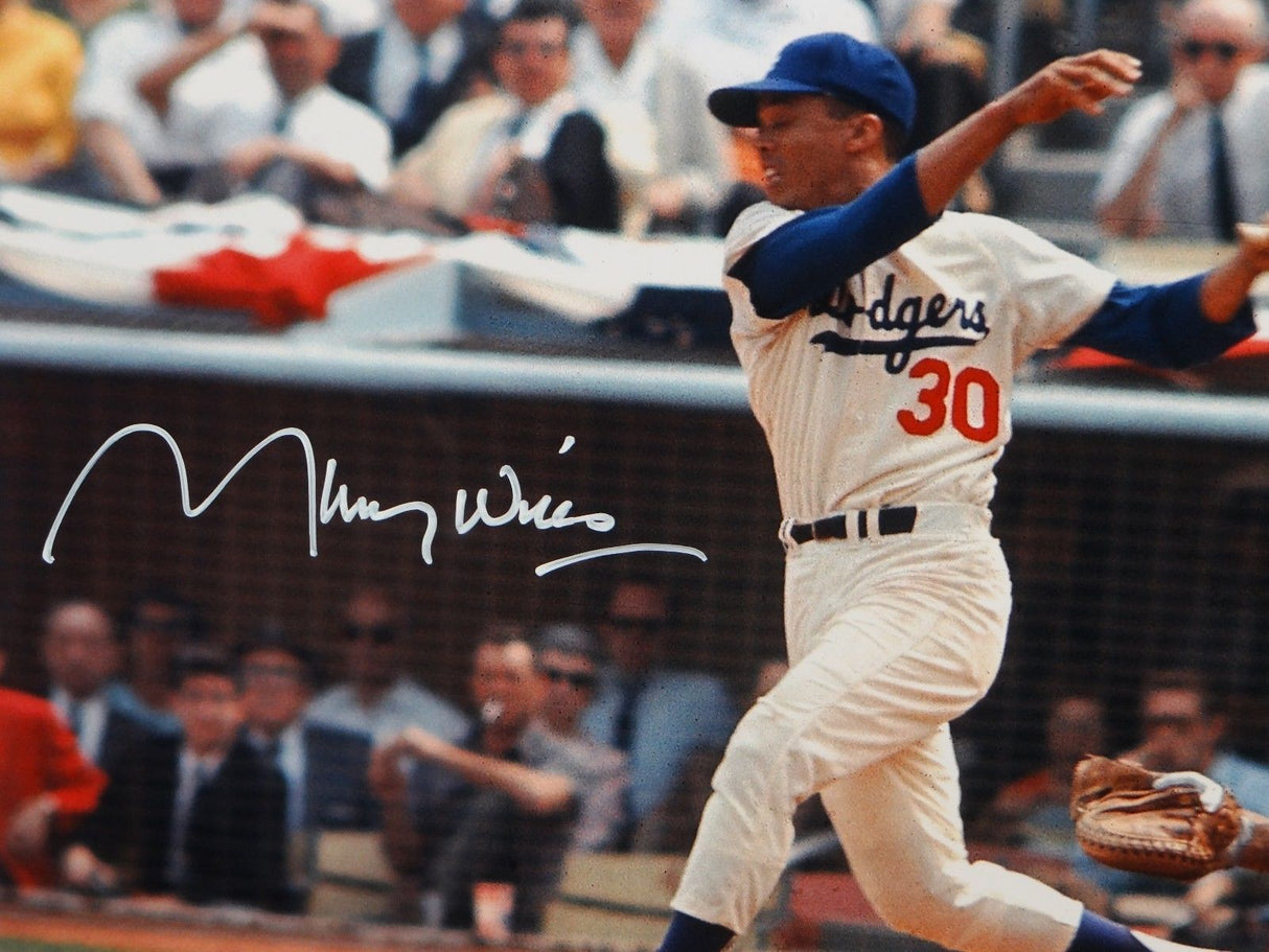 Maury Wills Autographed LA Dodgers 16x20 Swinging Photo- JSA W Auth