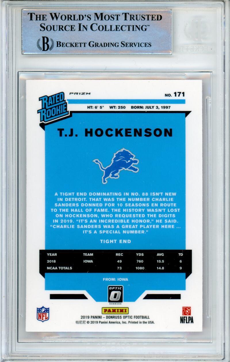 2019 Donruss Optic Pink #171 T.J. Hockenson Rated Rookie Lions BAS Auto 10