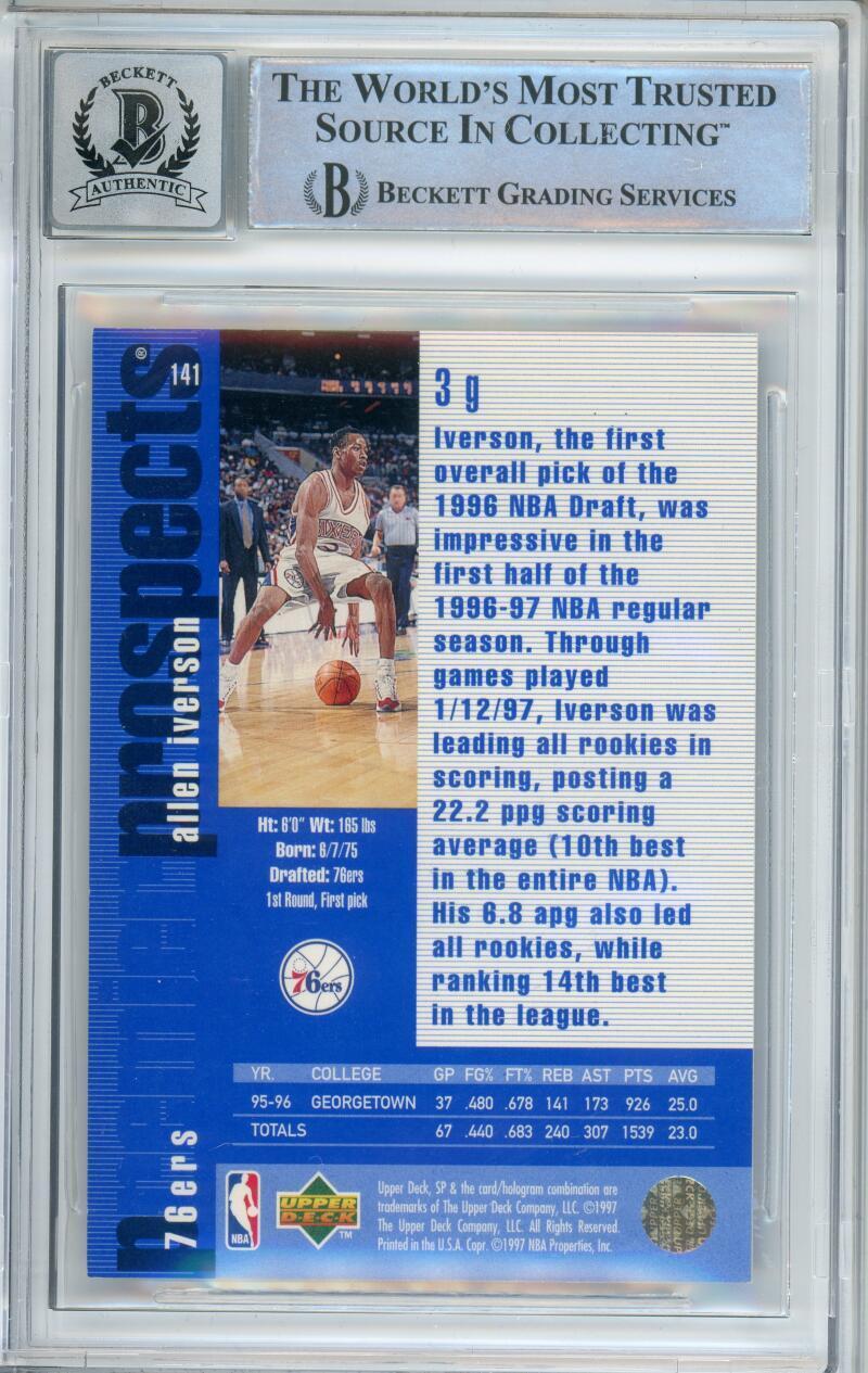 1996-97 Upper Deck SP #141 Allen Iverson RC 76ers BAS Autograph 10