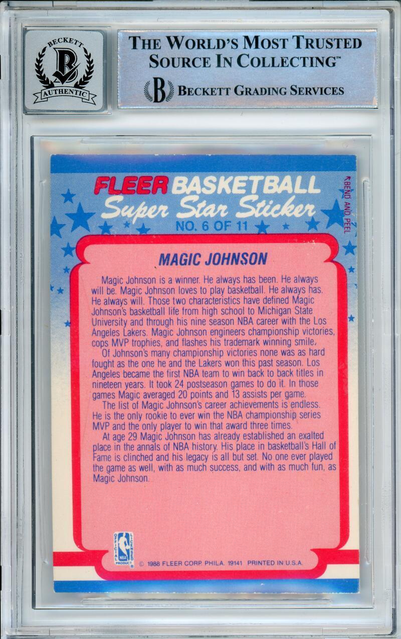 1988-89 Fleer Stickers #6 Magic Johnson Los Angeles Lakers BAS Autograph 10