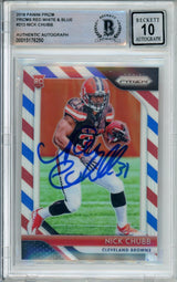 2018 Panini Prizm Red, White, & Blue #213 Nick Chubb RC Browns BAS Autograph 10