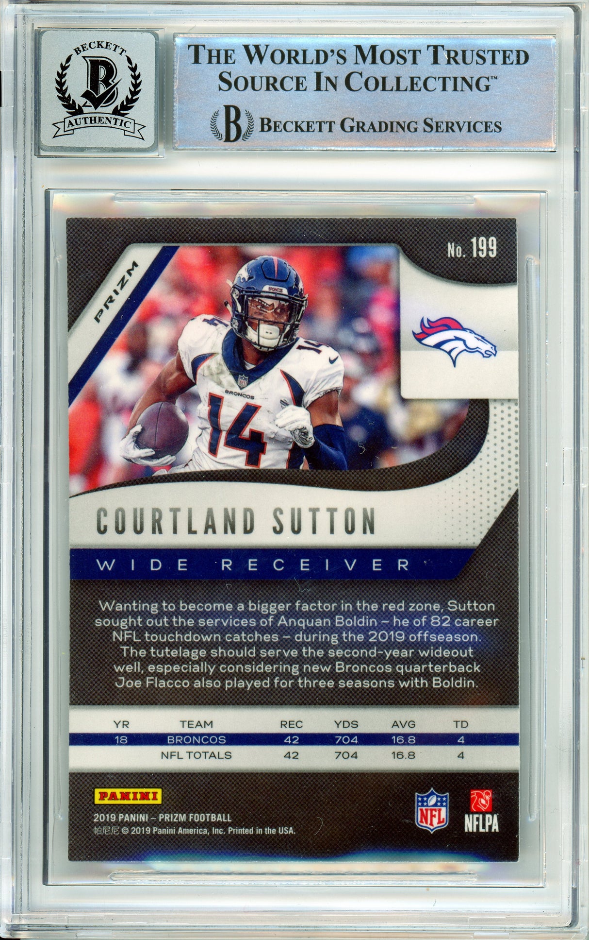 2019 Panini Prizm Red Cracked Ice #199 Courtland Sutton Broncos BAS Autograph 10