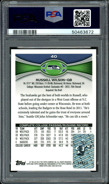 Russell Wilson Autographed 2012 Topps Chrome Rookie Card #40 Seattle Seahawks Auto Grade 9 Card Grade NM-MT 8 PSA/DNA #50463672