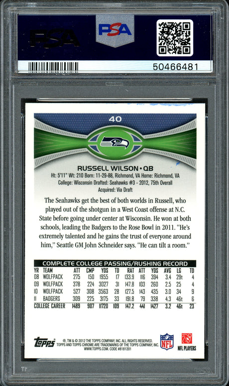 Russell Wilson Autographed 2012 Topps Chrome Rookie Card #40 Seattle Seahawks Auto Grade 9 PSA/DNA #50466481