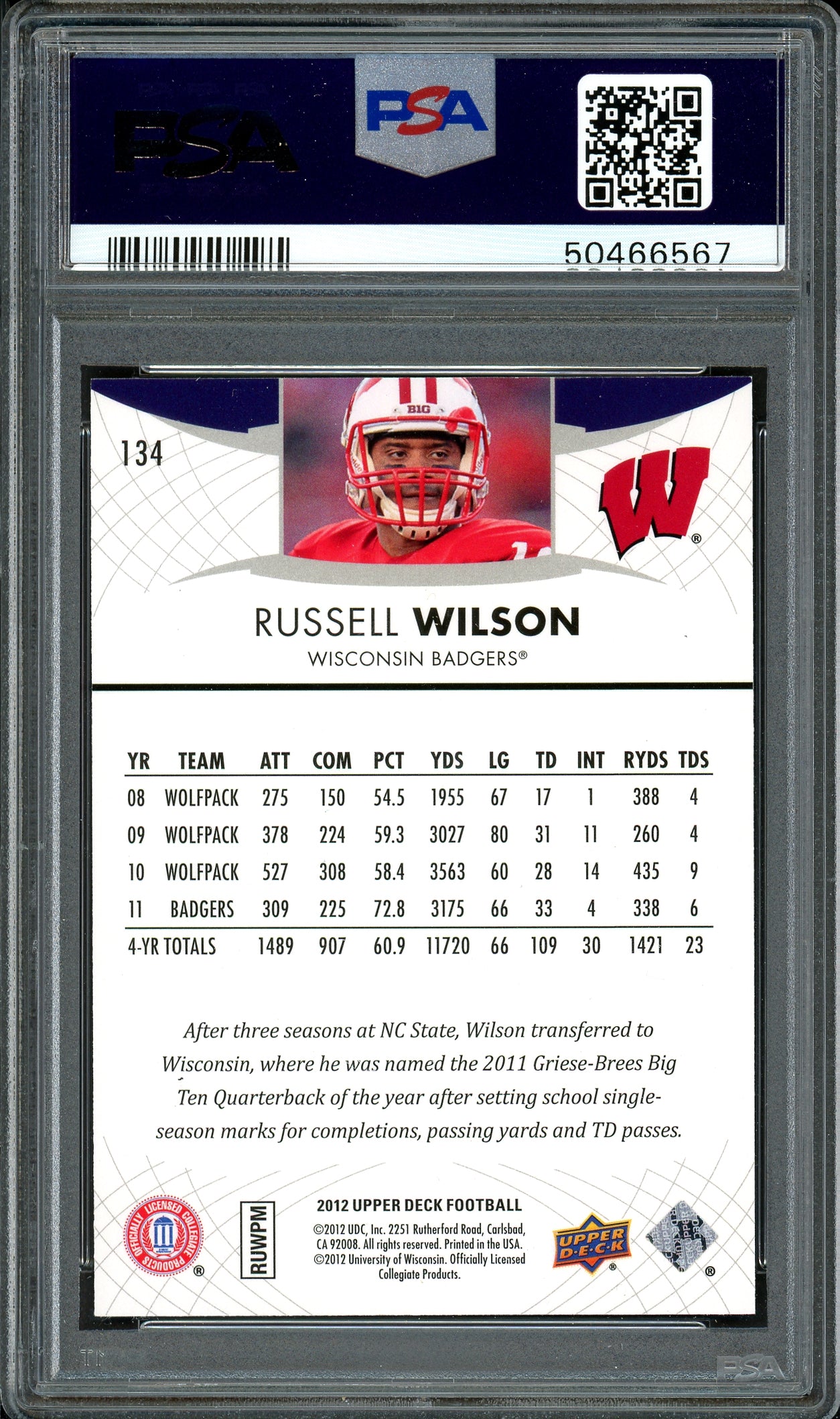 Russell Wilson Autographed 2012 Upper Deck Rookie Card #134 Seattle Seahawks Auto Grade 10 Card Grade Mint 9 PSA/DNA #50466567