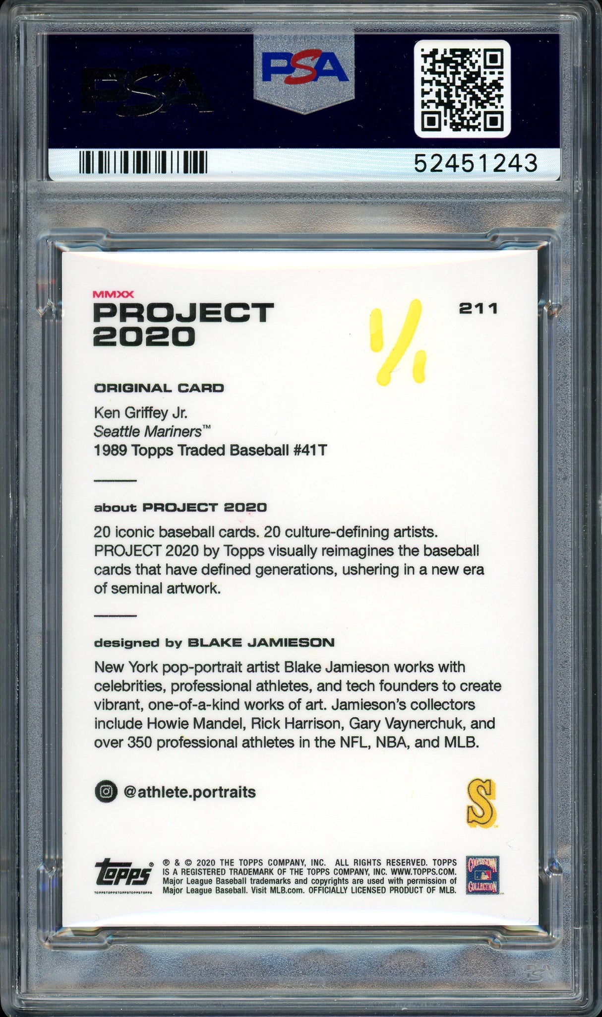 Ken Griffey Jr. Autographed Topps Project 2020 Blake Jamieson Card #211 Seattle Mariners "24" #1/1 PSA/DNA #52451243