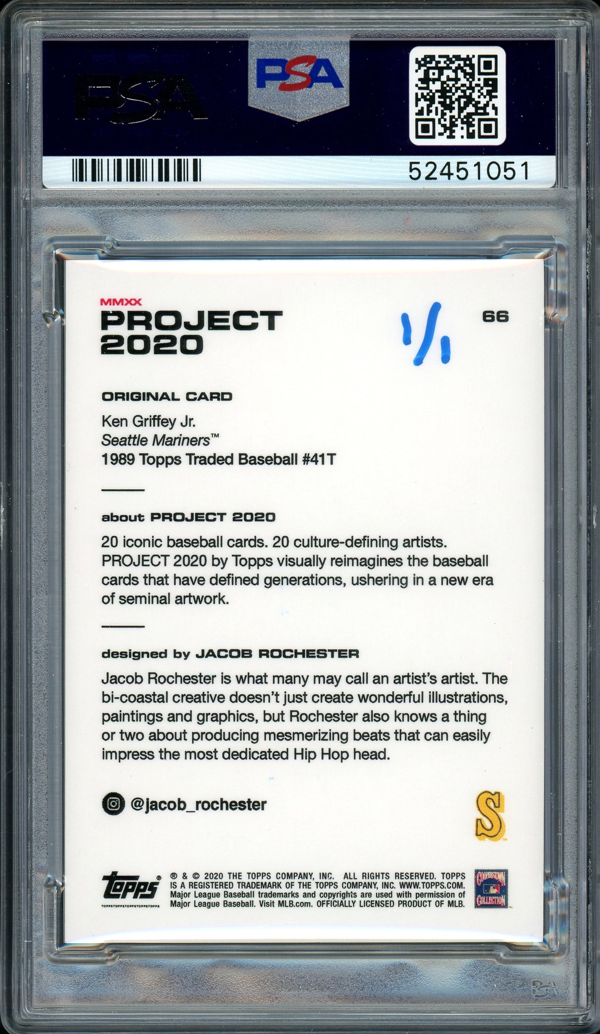 Ken Griffey Jr. Autographed Topps Project 2020 Jacob Rochester Card #66 Seattle Mariners "1989" #1/1 PSA/DNA #52451051