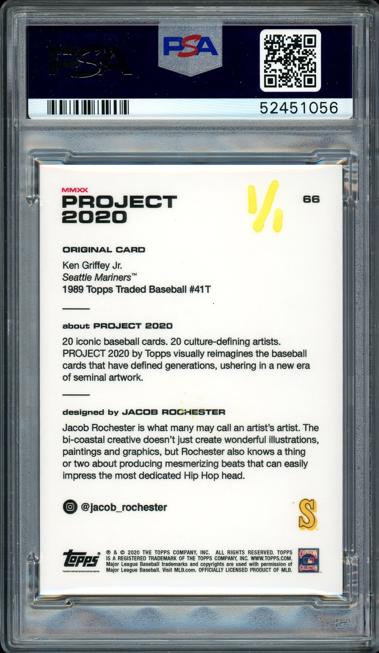 Ken Griffey Jr. Autographed Topps Project 2020 Jacob Rochester Card #66 Seattle Mariners "HOF 16" #1/1 PSA/DNA #52451056