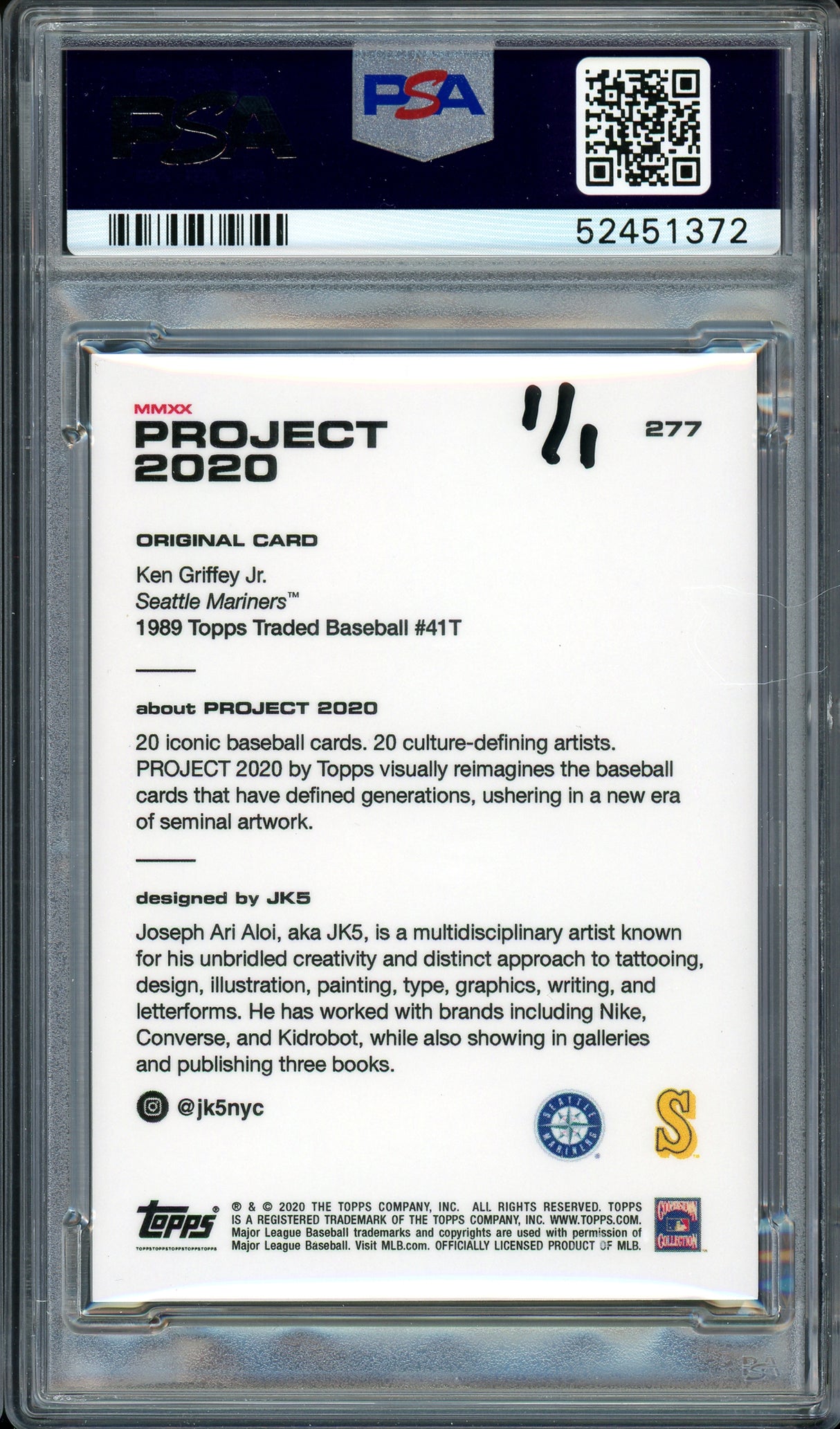 Ken Griffey Jr. Autographed Topps Project 2020 JK5 Card #277 Seattle Mariners "24" #1/1 PSA/DNA #52451372