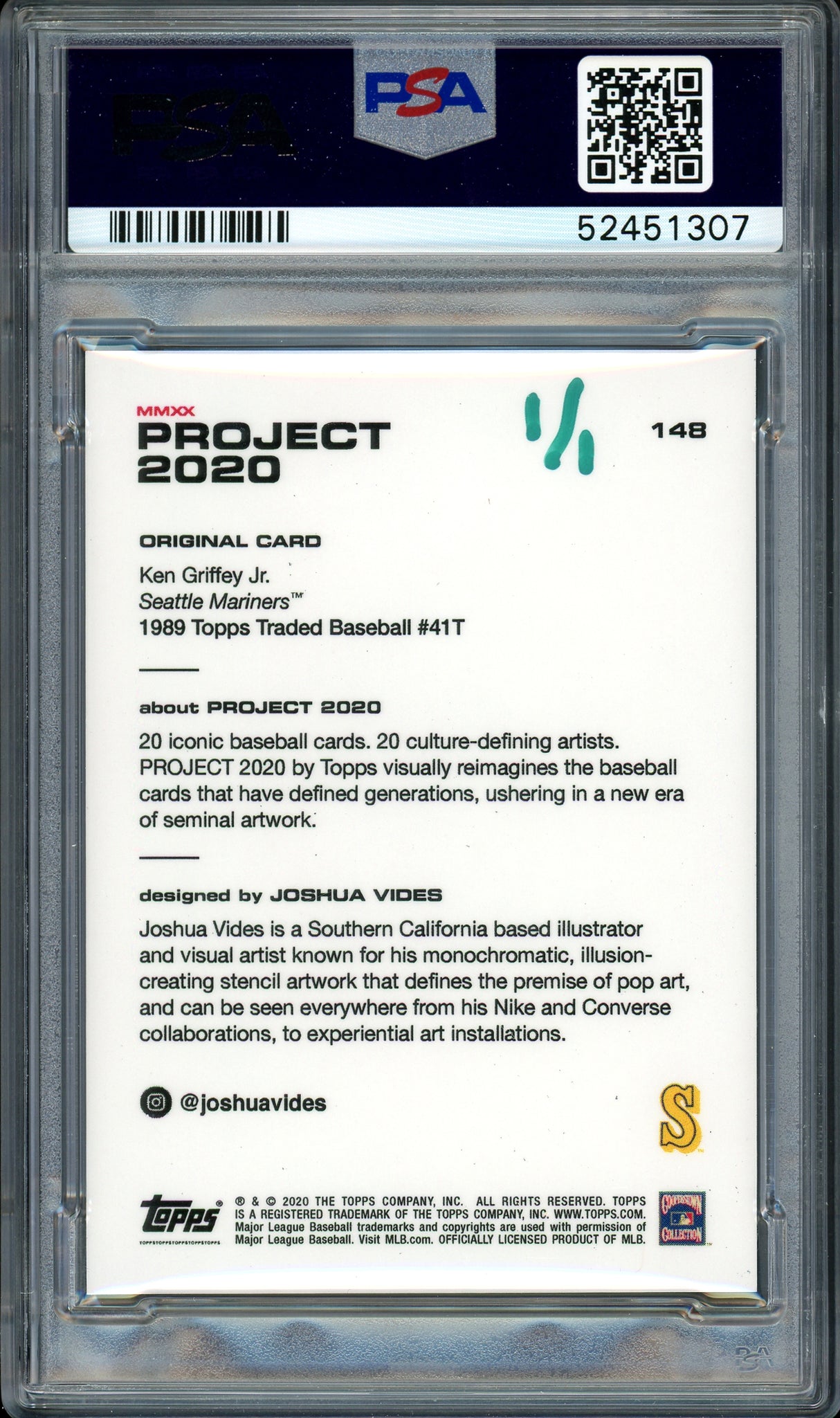 Ken Griffey Jr. Autographed Topps Project 2020 Joshua Vides Card #148 Seattle Mariners "1989" #1/1 PSA/DNA #52451307