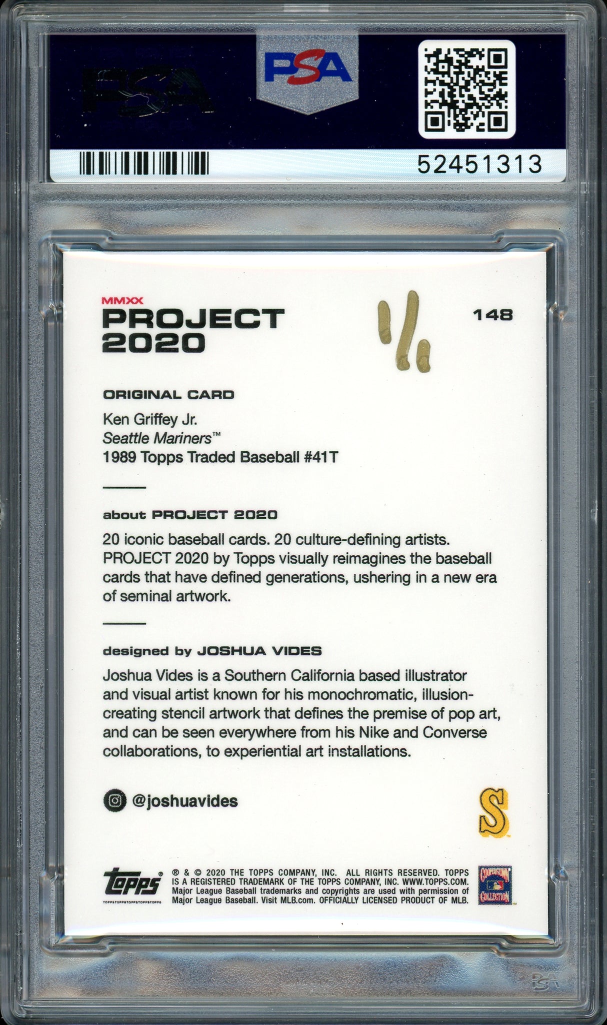 Ken Griffey Jr. Autographed Topps Project 2020 Joshua Vides Card #148 Seattle Mariners "24" #1/1 PSA/DNA #52451313