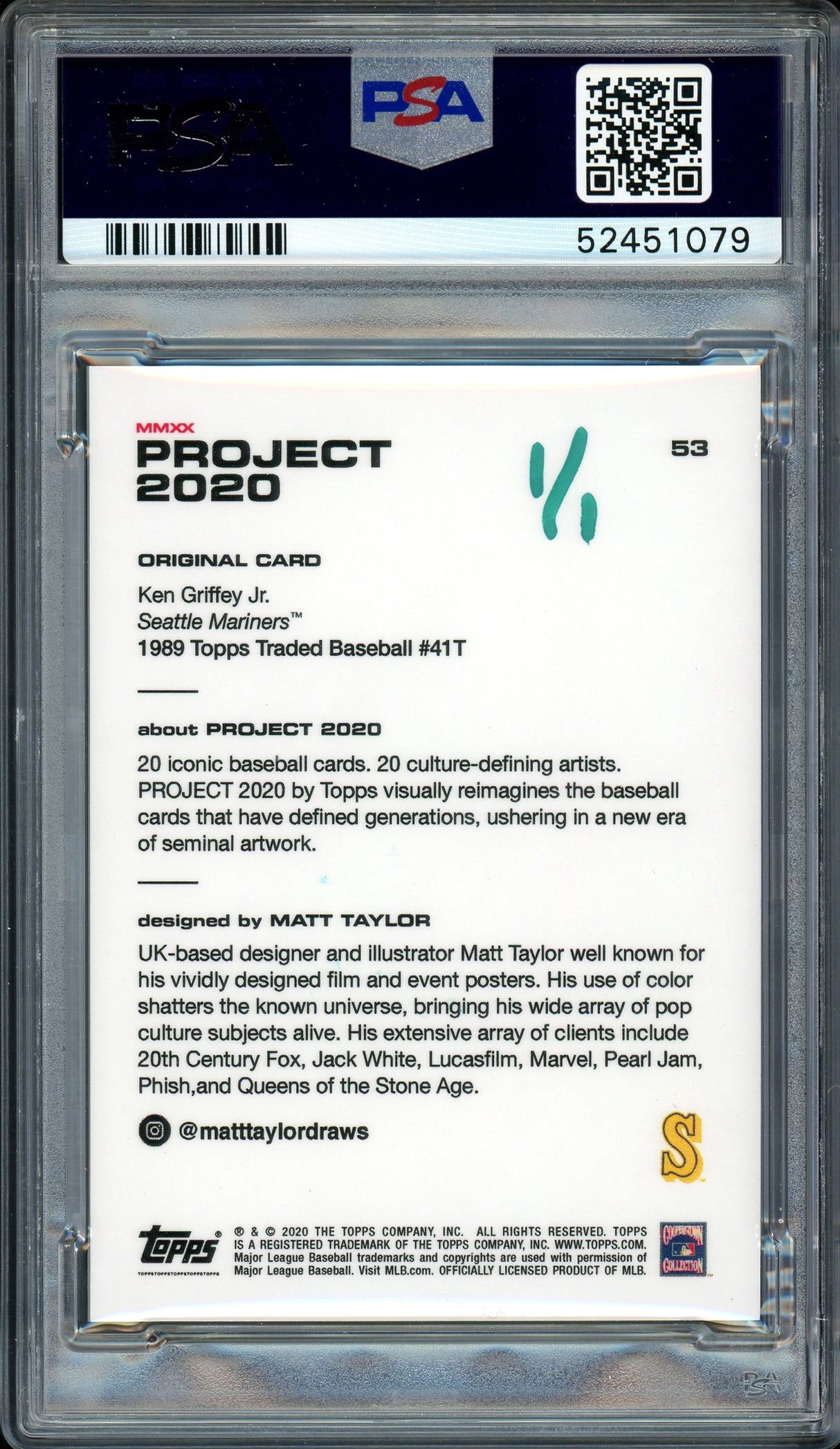 Ken Griffey Jr. Autographed Topps Project 2020 Matt Taylor Card #53 Seattle Mariners "1989" #1/1 PSA/DNA #52451079