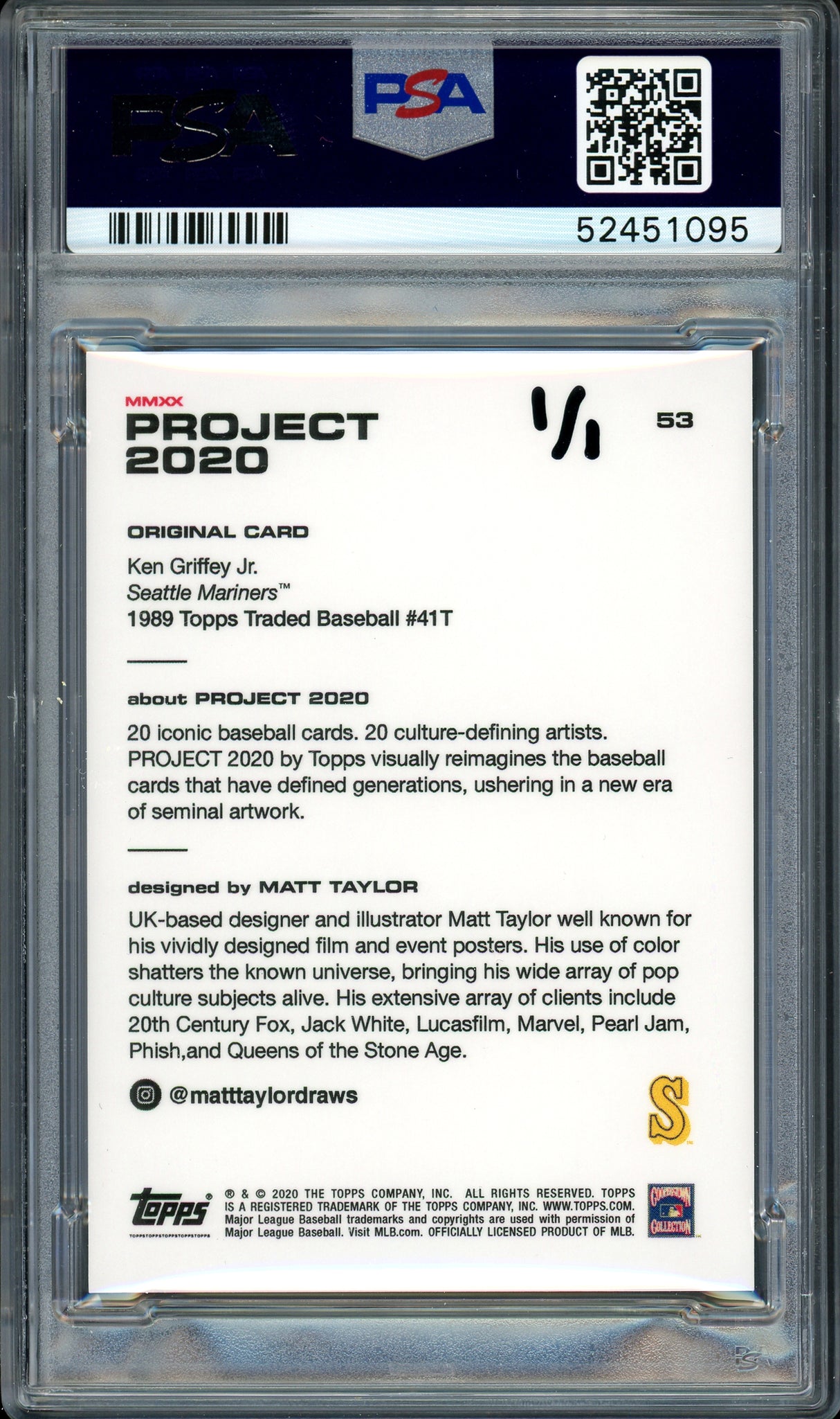 Ken Griffey Jr. Autographed Topps Project 2020 Matt Taylor Card #53 Seattle Mariners "1989" #1/1 PSA/DNA #52451095