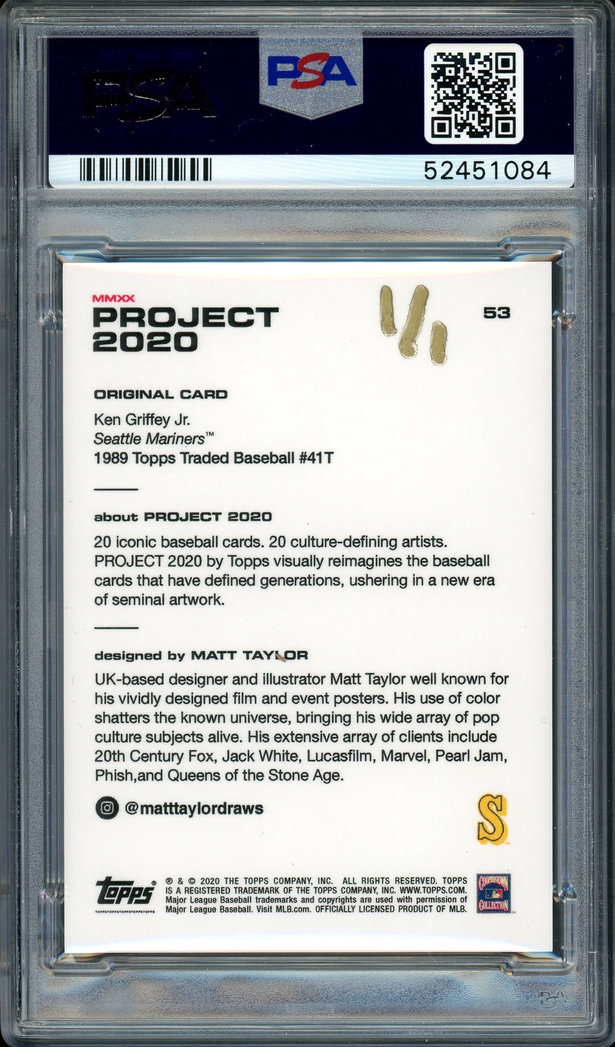 Ken Griffey Jr. Autographed Topps Project 2020 Matt Taylor Card #53 Seattle Mariners "HOF 16" #1/1 PSA/DNA #52451084