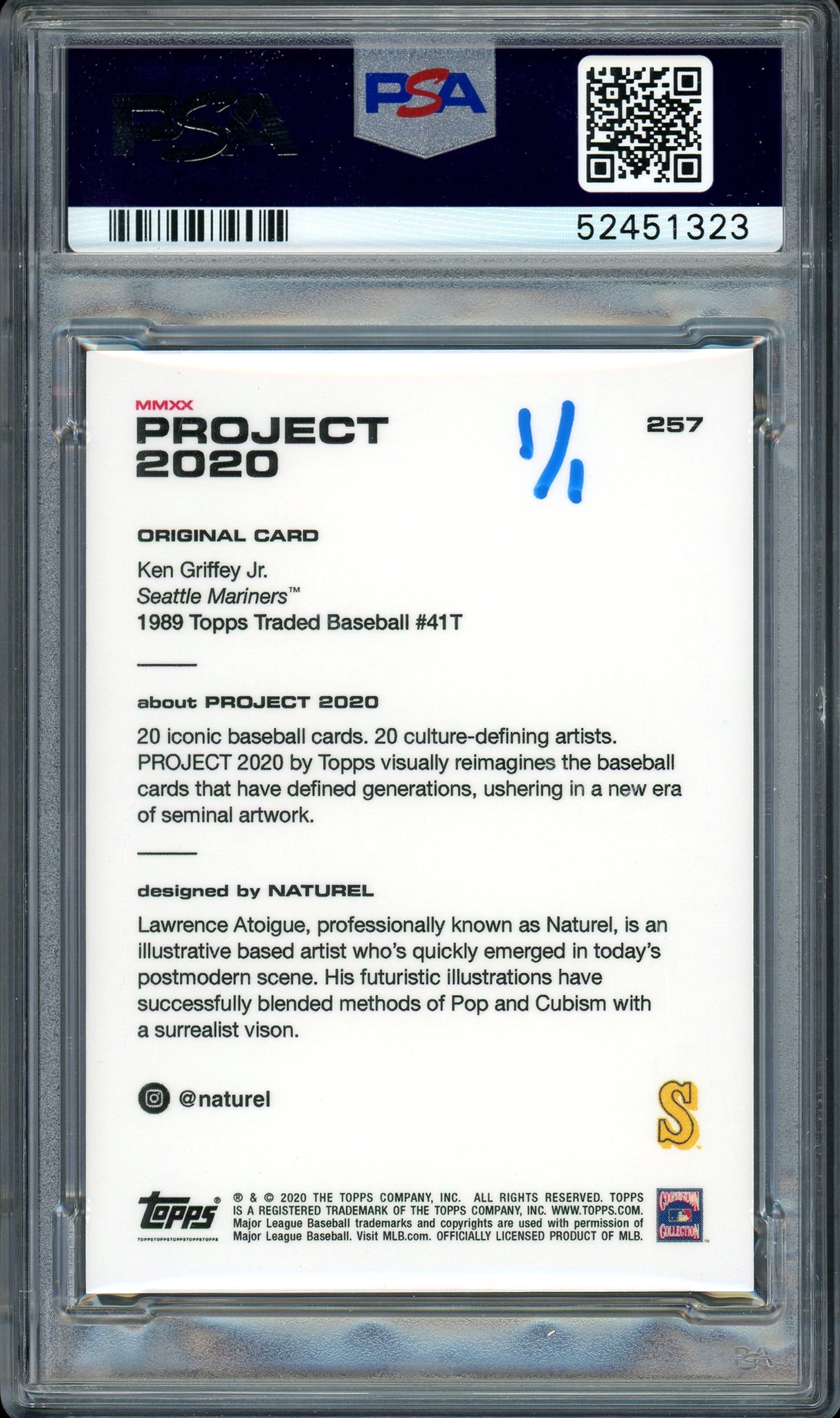 Ken Griffey Jr. Autographed Topps Project 2020 Naturel Card #257 Seattle Mariners "13x AS" #1/1 PSA/DNA #52451323