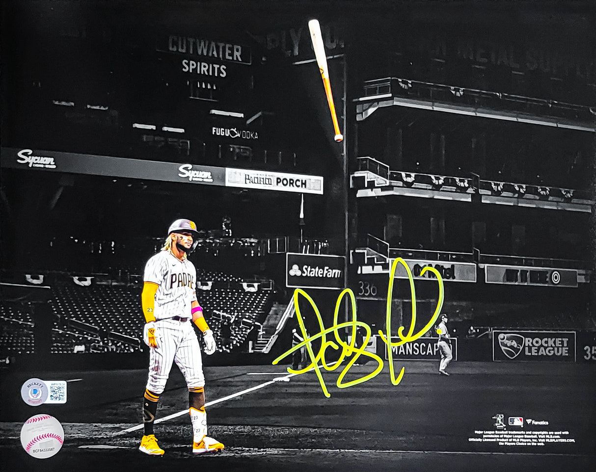 Fernando Tatis Jr. Autographed 11x14 Photo San Diego Padres Bat Flip Spotlight In Yellow Beckett BAS QR Stock #202112