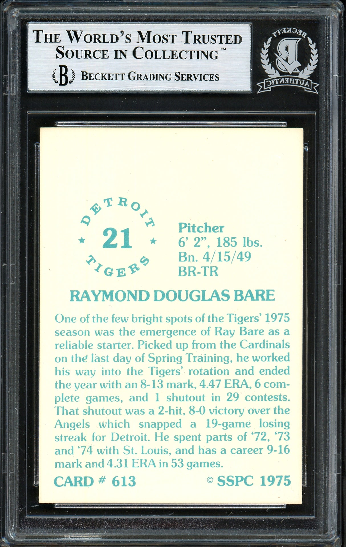 Ray Bare Autographed 1976 SSPC Card #613 Detroit Tigers Beckett BAS #12306506