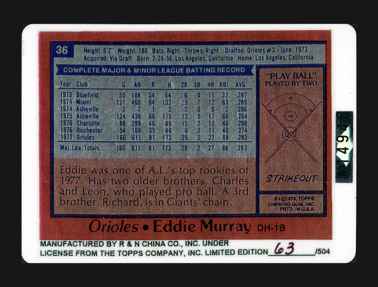 Eddie Murray Autographed Signature Series Porcelain Topps Set Baltimore Orioles "ROY 77, 81 HRC, & 504 HR" With 3 Signatures #63/504 SKU #202202