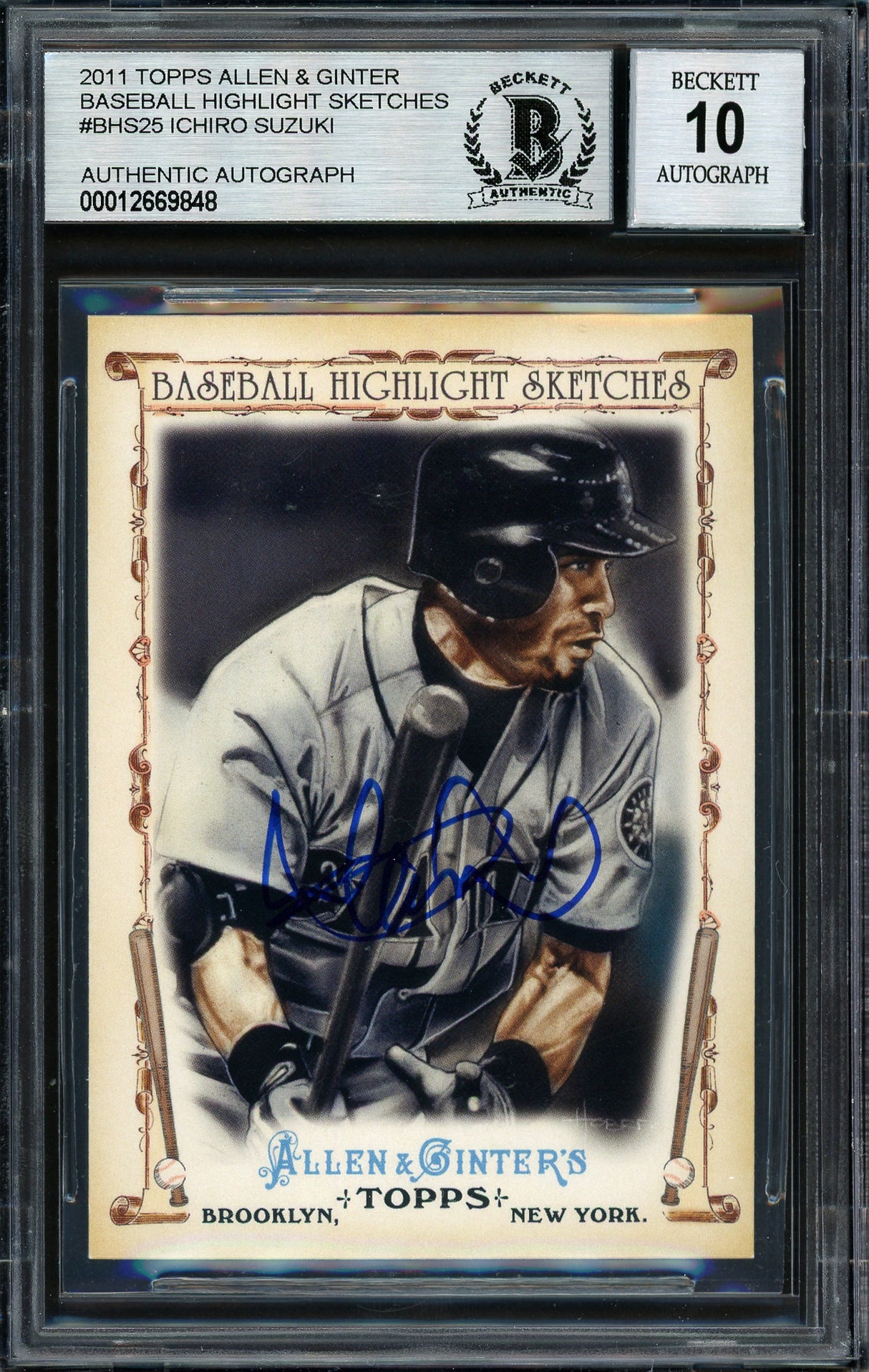 Ichiro Suzuki Autographed 2011 Topps Allen & Ginter Highlight Sketches Card #BHS-25 Seattle Mariners Auto Grade 10 Beckett BAS #12669848